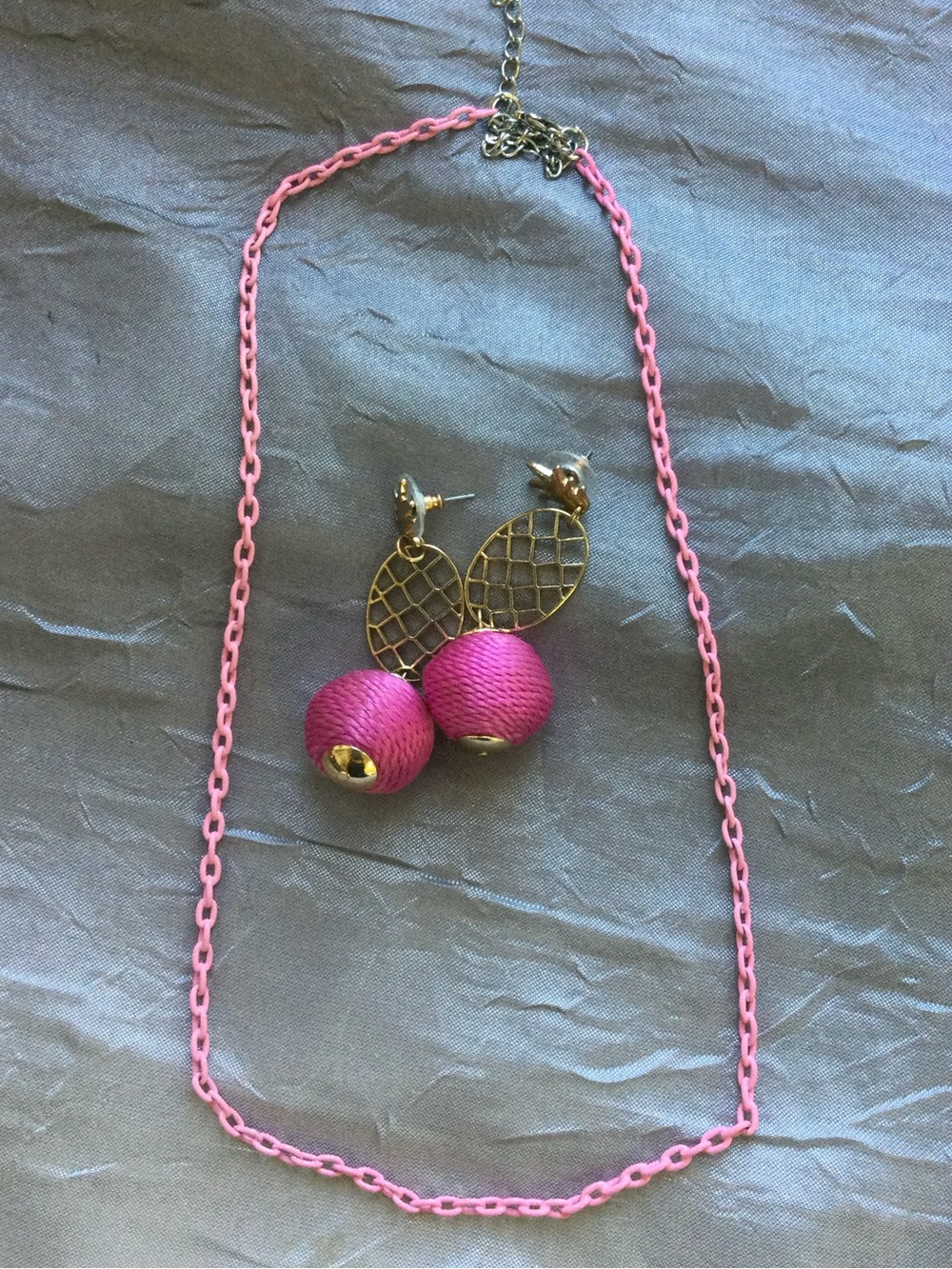 Pink chain &  Thread-Wrapped Ball Drop Earrings and Necklace Set - Unbranded